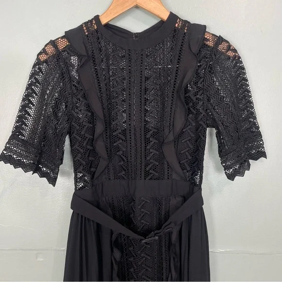 Self Portrait Black Geometric Lace Midi Dress Quarter Sleeve US Sz 4 - Picture 3 of 8